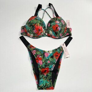 Victoria Secret 34DD M Bombshell Push Up Bikini Set Shine Strap Palm Tropical